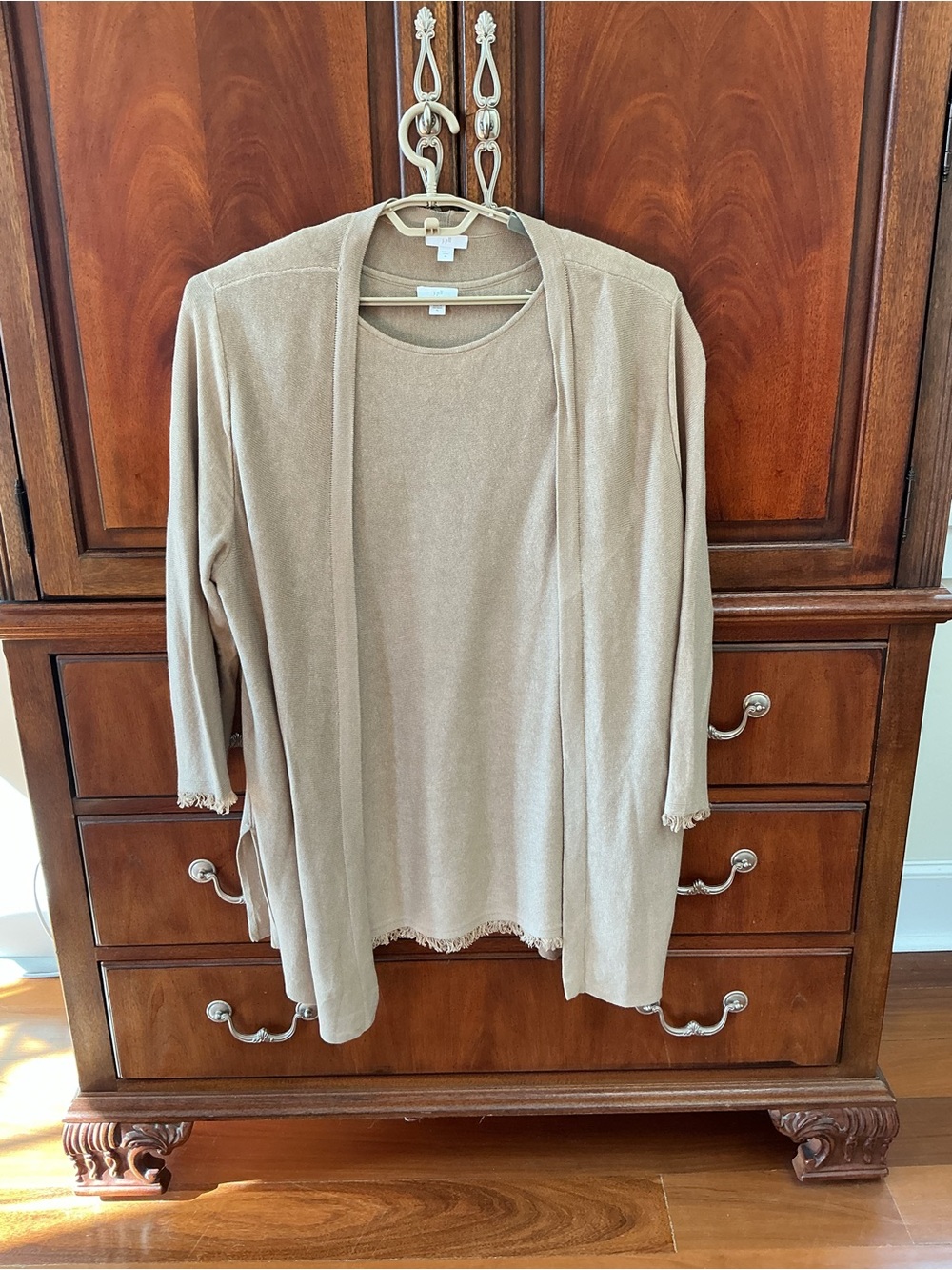 J. Jill Tan Open-Front Fringe-Trim Sweater Cardigan and shell